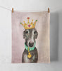 Tea towel with a greyhound or whippet  wearing a crown and green collar with a gold heart.
