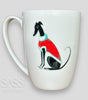 White mug with a black greyhound or whippet wearing a red sweater design on a light gray background, featuring 'SASS Artworks' branding.
