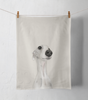 A hanging kitchen towel with an illustration of a greyhound dog's head and neck on a white background.