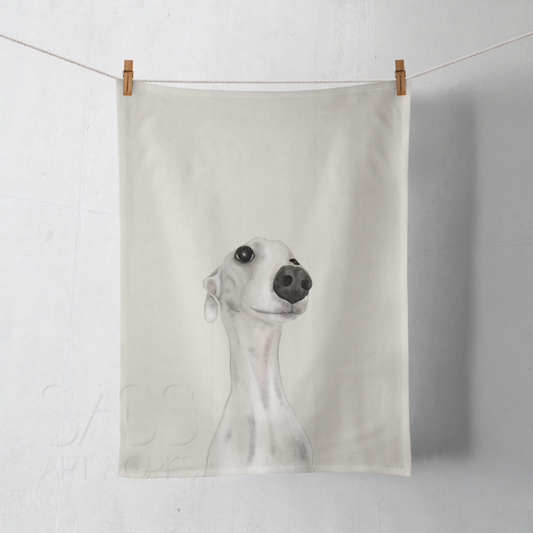 A hanging kitchen towel with an illustration of a greyhound dog's head and neck on a white background.