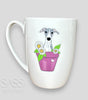 White mug with a dog and flower design on a light gray background, featuring 'SASS Artworks' branding.