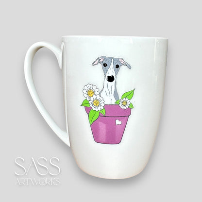 White mug with a dog and flower design on a light gray background, featuring 'SASS Artworks' branding.