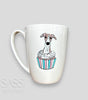 White mug with a whippet  in a cupcake design on a light grey background, featuring the brand 'SASS Artworks'.