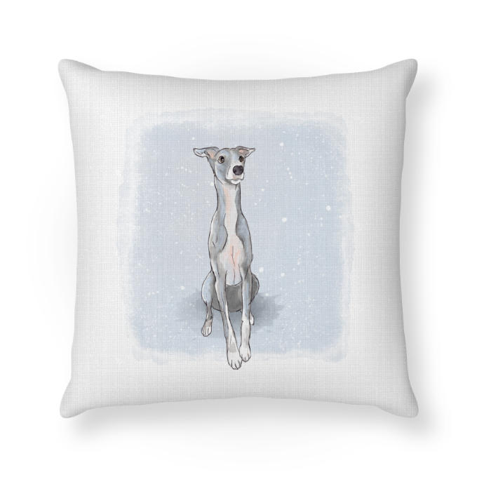 Winter Cushion front print featuring whippet, greyhound and Italian greyhound artwork on organic cotton panama — Sass Artworks