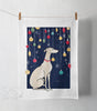 Tea towel with a greyhound or whippet and Christmas ornaments design