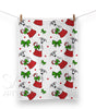 Christmas-themed towel with whippets or greyhounds in red sacks and candy canes 