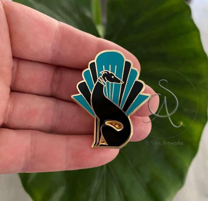 Deco Hound Enamel Pin Black Teal and Gold